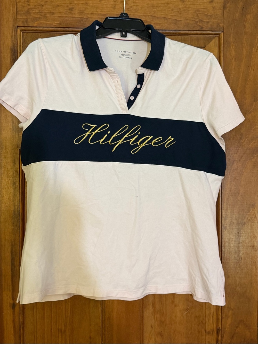 Tommy Hilfiger Women XXL Pink Navy Colorblock Polo Shirt Gold Logo Short Sleeve